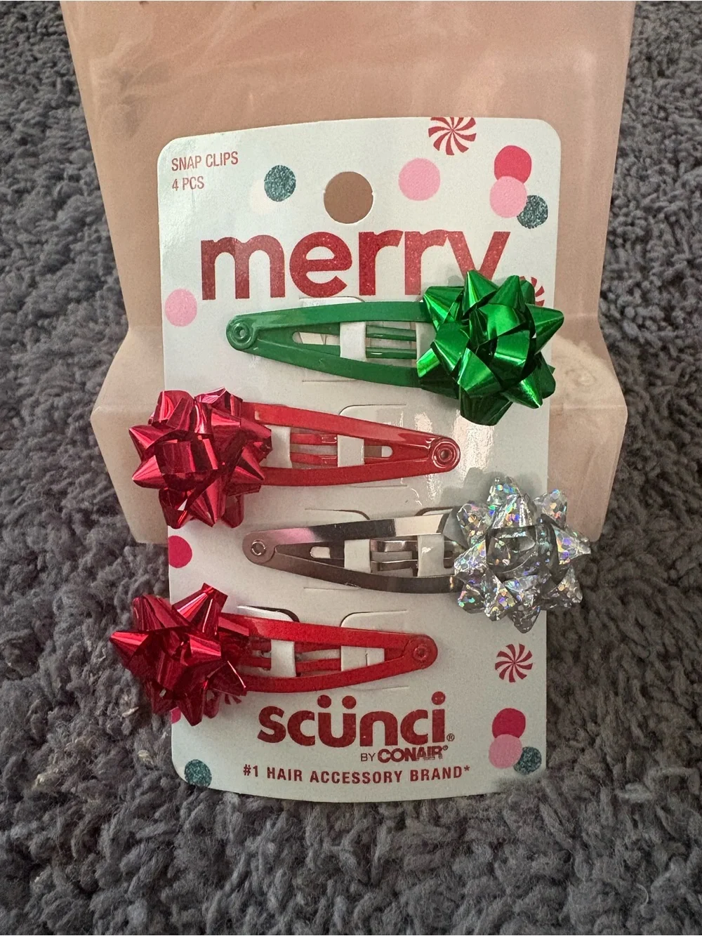 NWT Scünci by Conair bow hair clips - 1 green, 2 red, & 1 silver